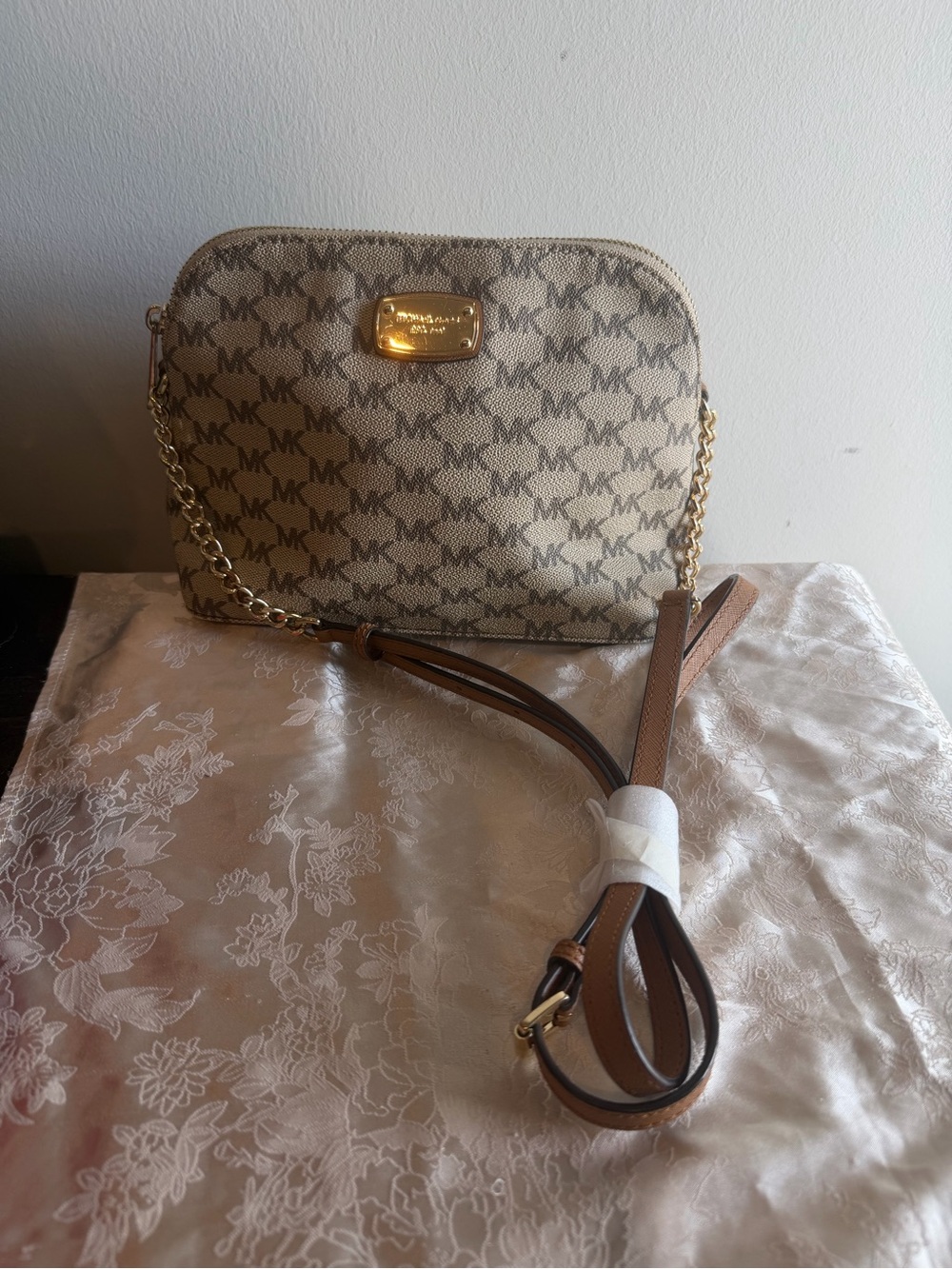 Michael Kors Brown/Tan MK Logo Crossbody with Gold Plaque